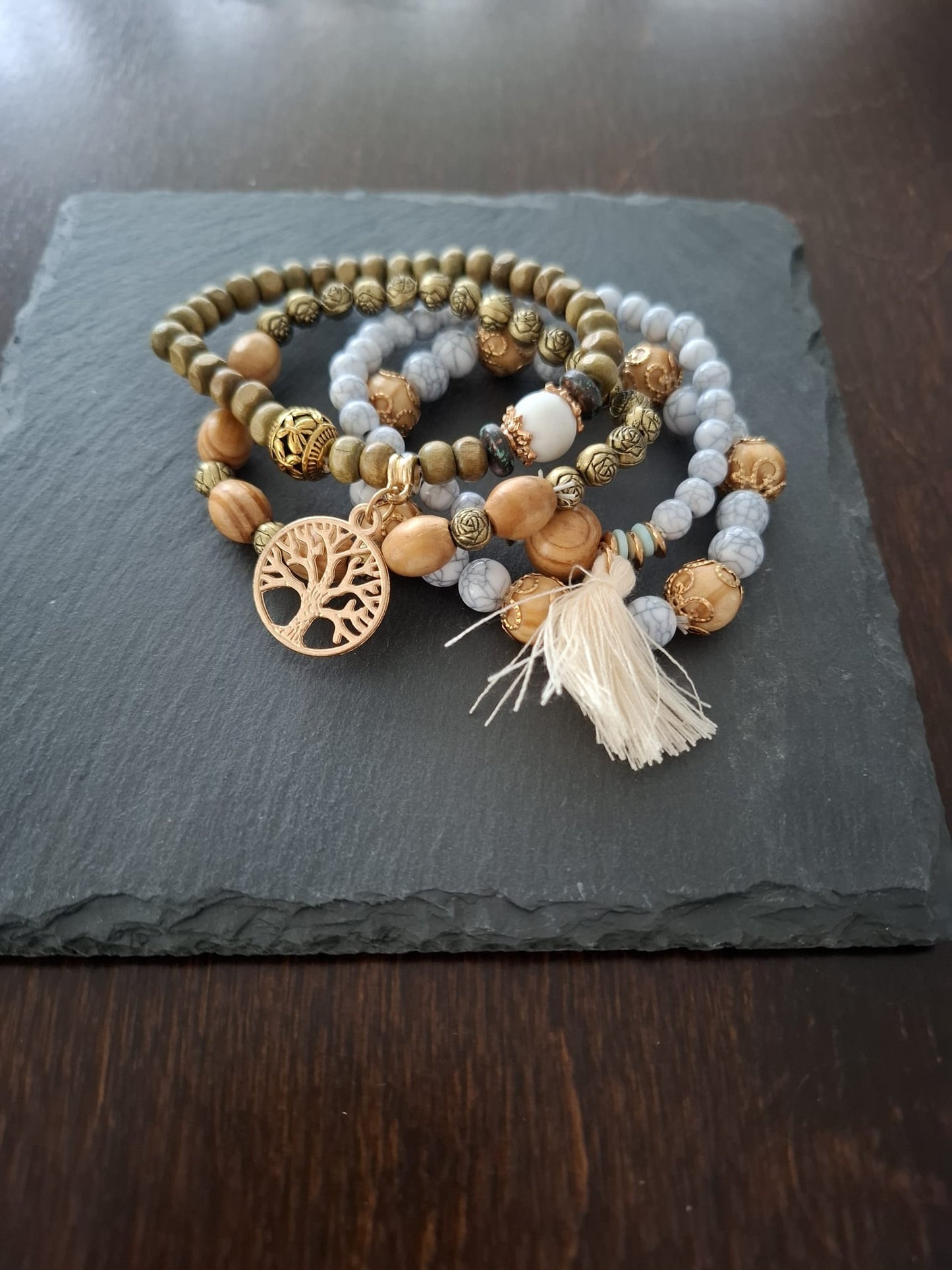Armband Baum des Lebens beige, Holz- und Resinperlen, 6cm flexibel