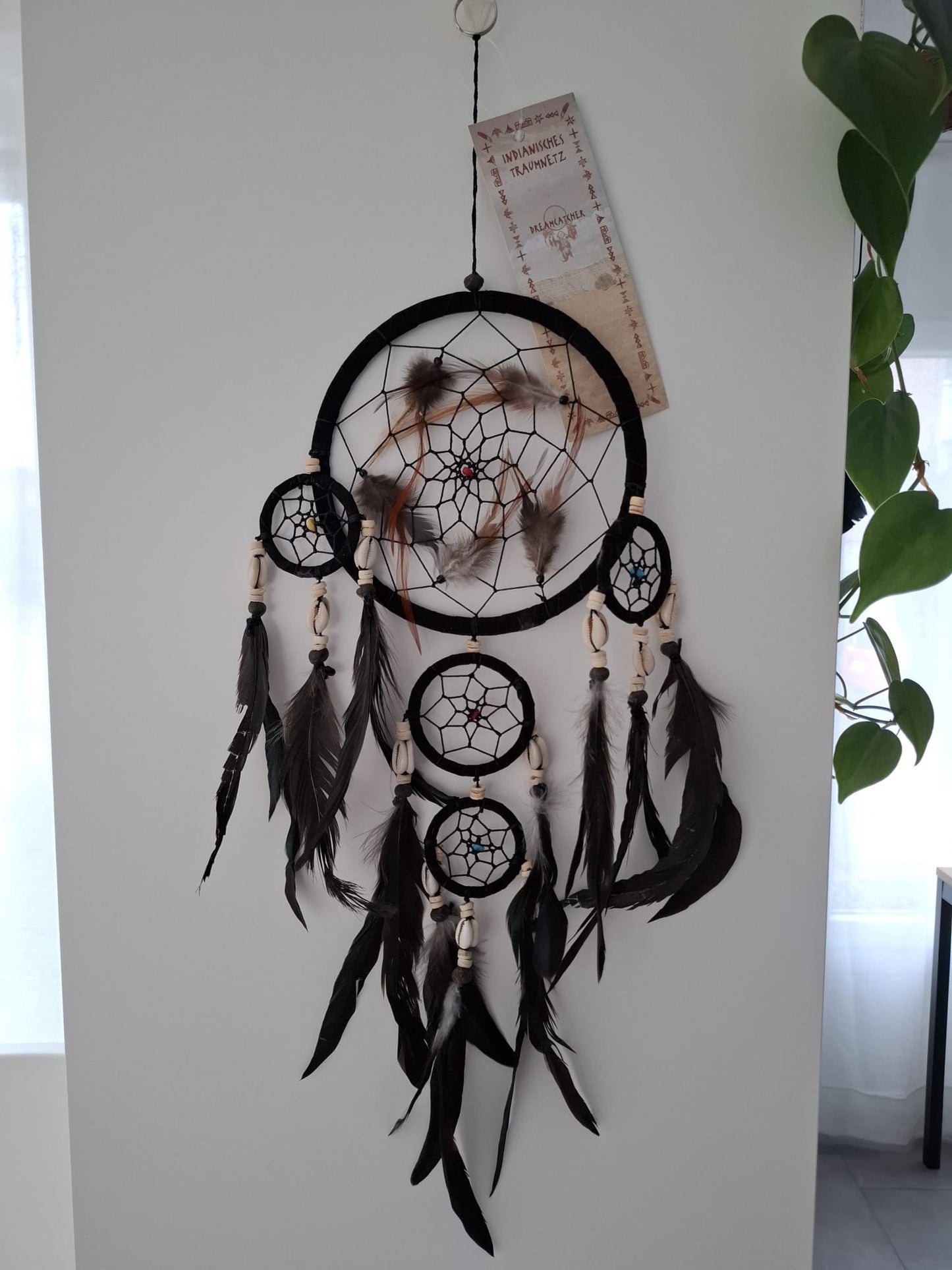 Traumfänger Mobile mit Kauri Muscheln Leder 50cm (schwarz)