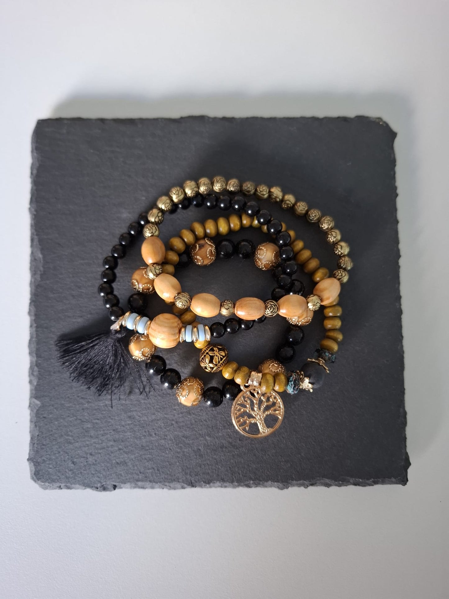 Armband Baum des Lebens schwarz, Holz- und Resinperlen, 6cm flexibel