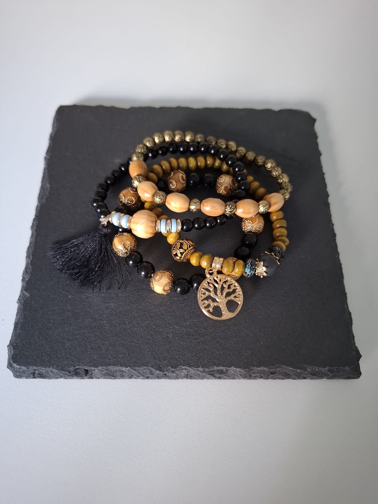 Armband Baum des Lebens schwarz, Holz- und Resinperlen, 6cm flexibel