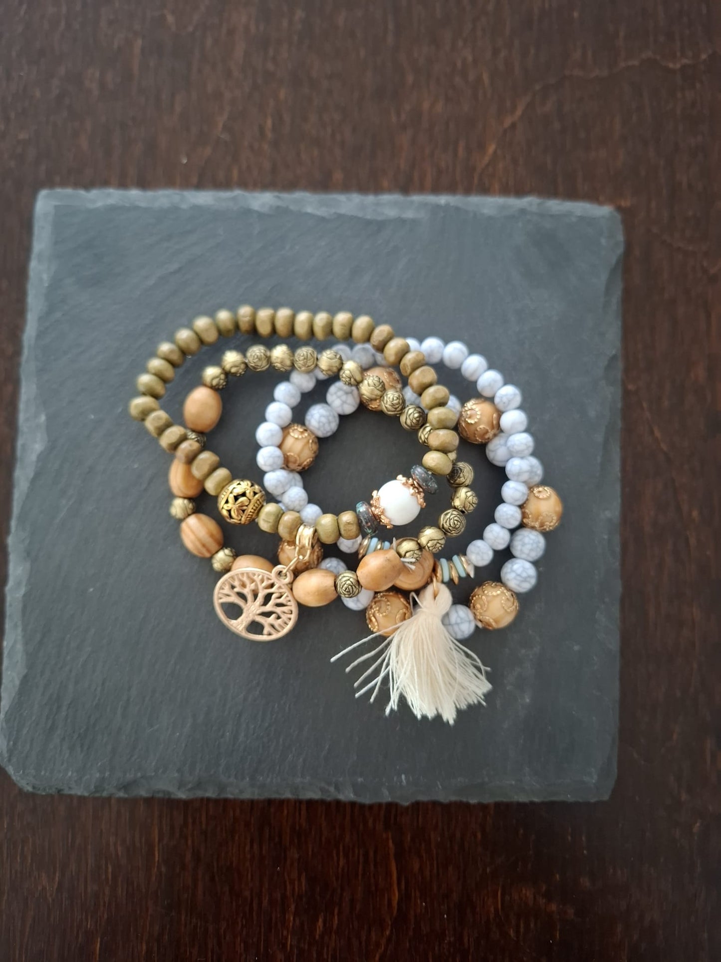 Armband Baum des Lebens beige, Holz- und Resinperlen, 6cm flexibel
