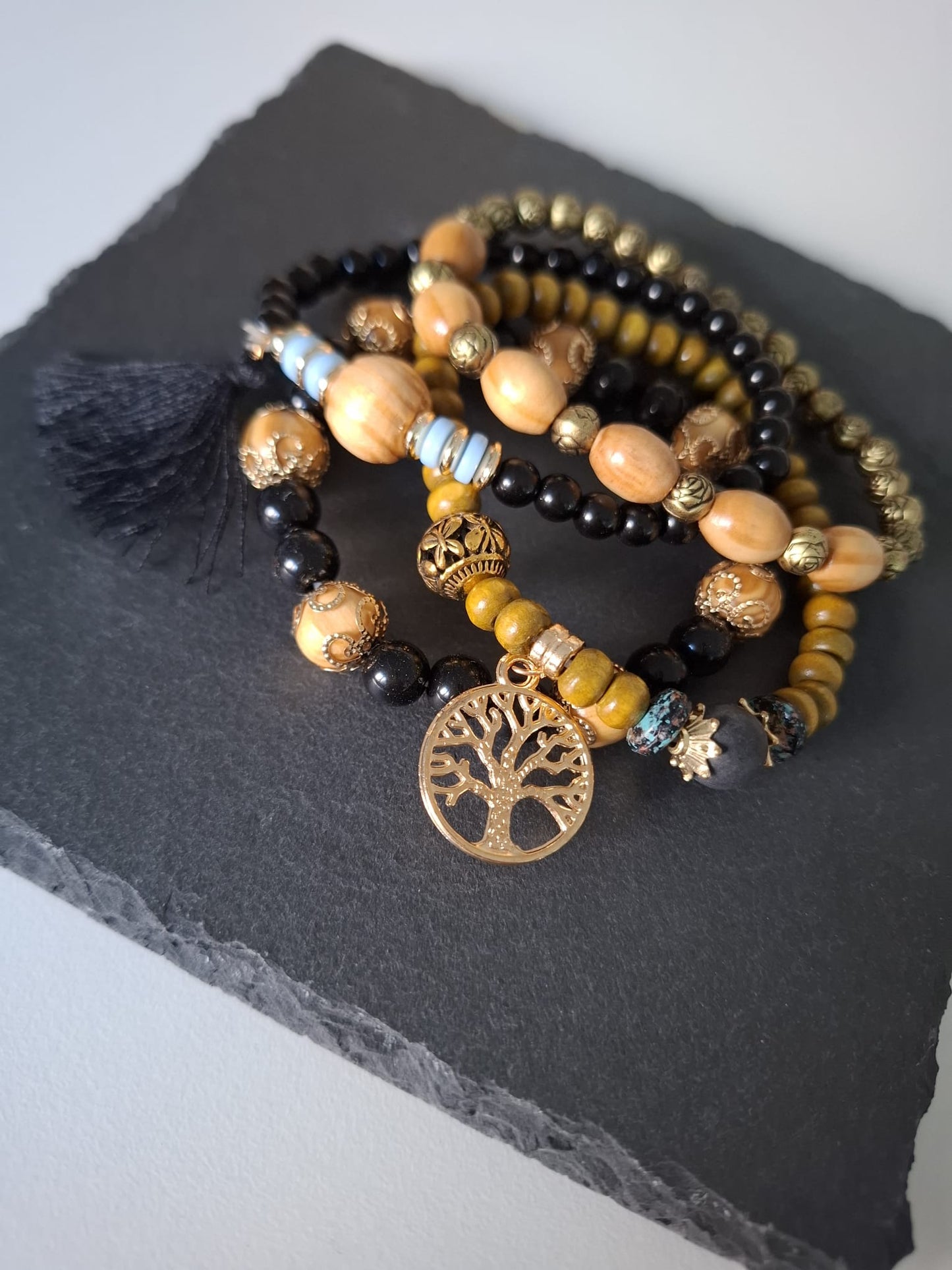 Armband Baum des Lebens schwarz, Holz- und Resinperlen, 6cm flexibel