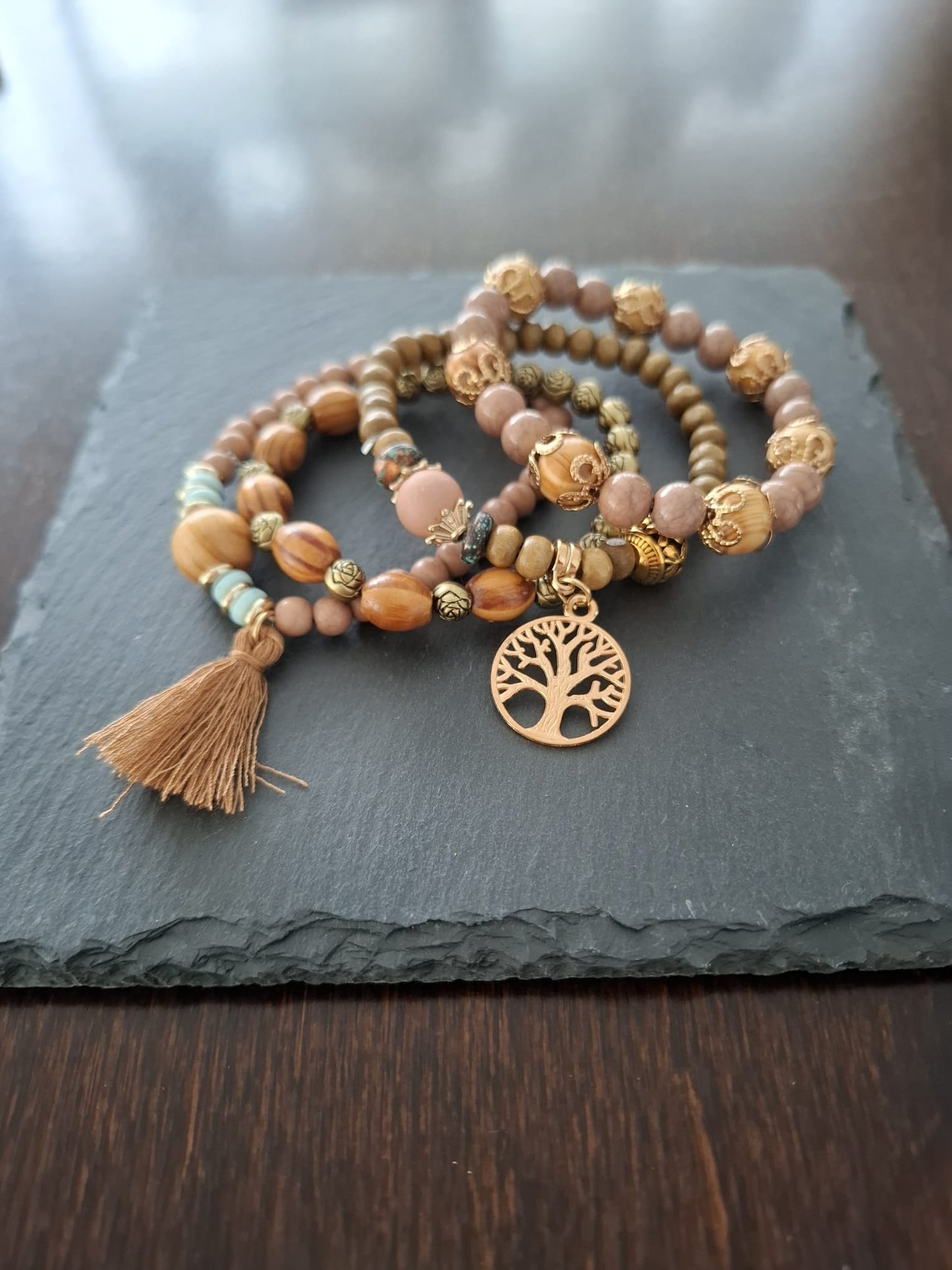 Armband Baum des Lebens braun, Holz- und Resinperlen, 6cm flexibel
